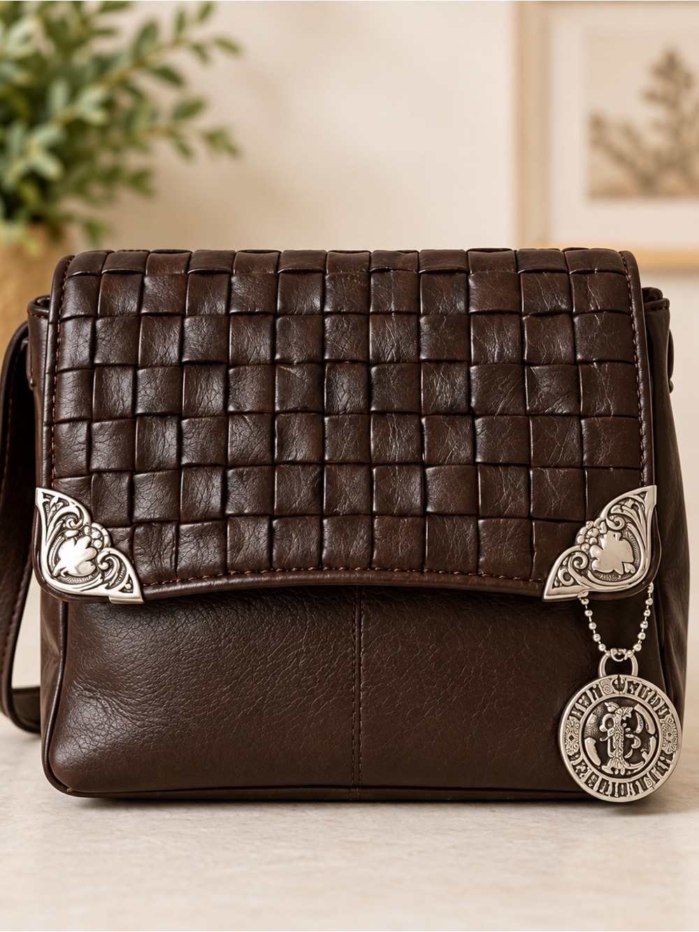 Brighton One World Brown Woven Leather Crossbody Bag Silver Trim